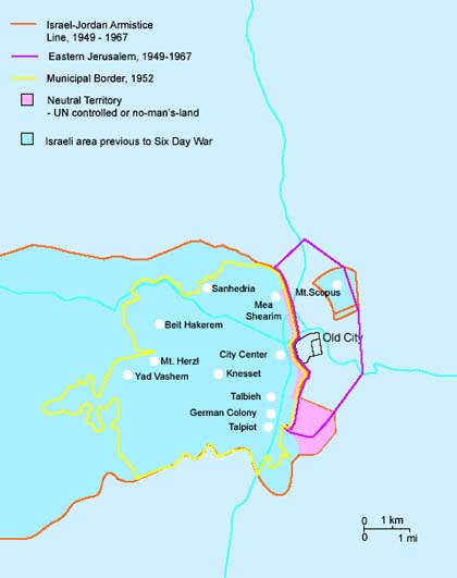 Gerusalemme prima del 1967: la parte ebraica era circondata da tre lati da territori occupati dall'esercito giordano
