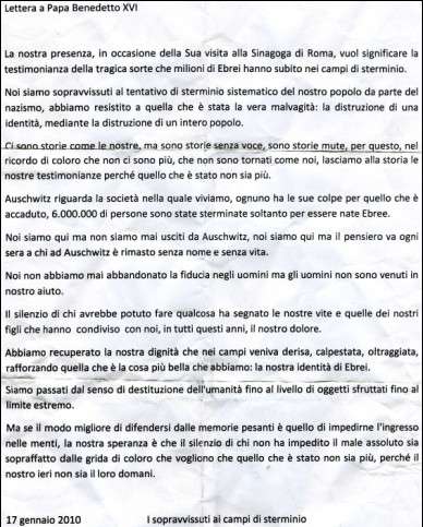 Visita di Papa Benedetto XVI in Sinagoga a Roma: lettera ufficiale degli ex deportati consegnata nelle mani del pontefice